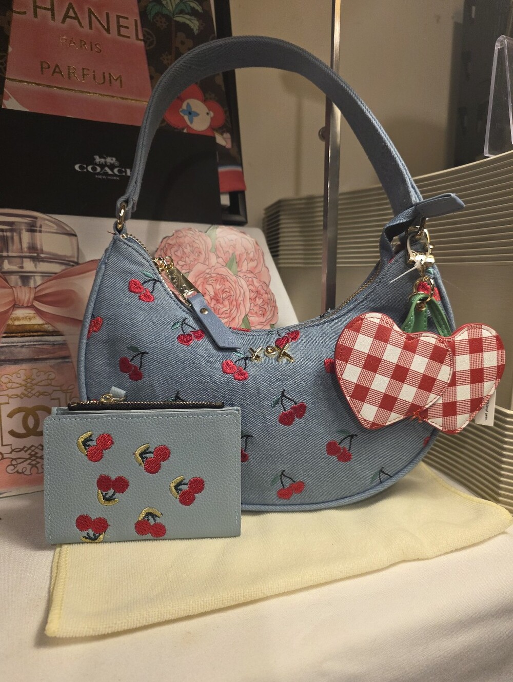 Betsey Johnson NWT Denim & Cherry Print Shoulder Bag & Unbranded Wallet